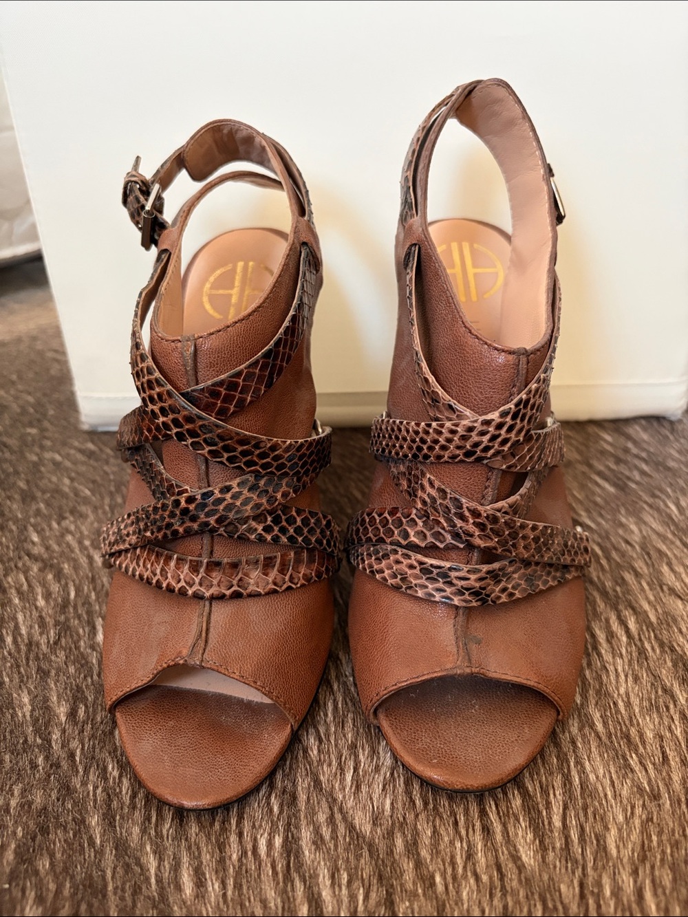 House of Harlow 1960 Brown Leather Snakeskin Strap Heels